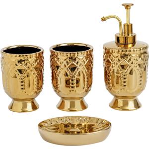 4-Piece Bathroom Accessory Set, Ceramic Bathroom Soap Dispenser Sets, Complete Gold Bath Decor Include Soap Dispenser, Toothbrush Holder, Tumblers,Soap Dish