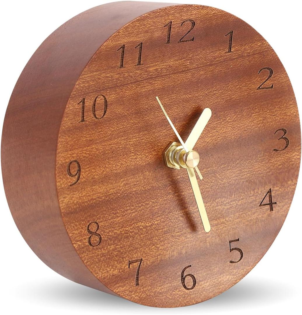 Wooden Analog Desk Clock, 4.7 inch Round Desktop Clock Decoration, Modern Desk and Shelf Clock, Silent Non-Ticking Battery Operated Table Clock Mantel Clock for Office, Living Room, Bedroom