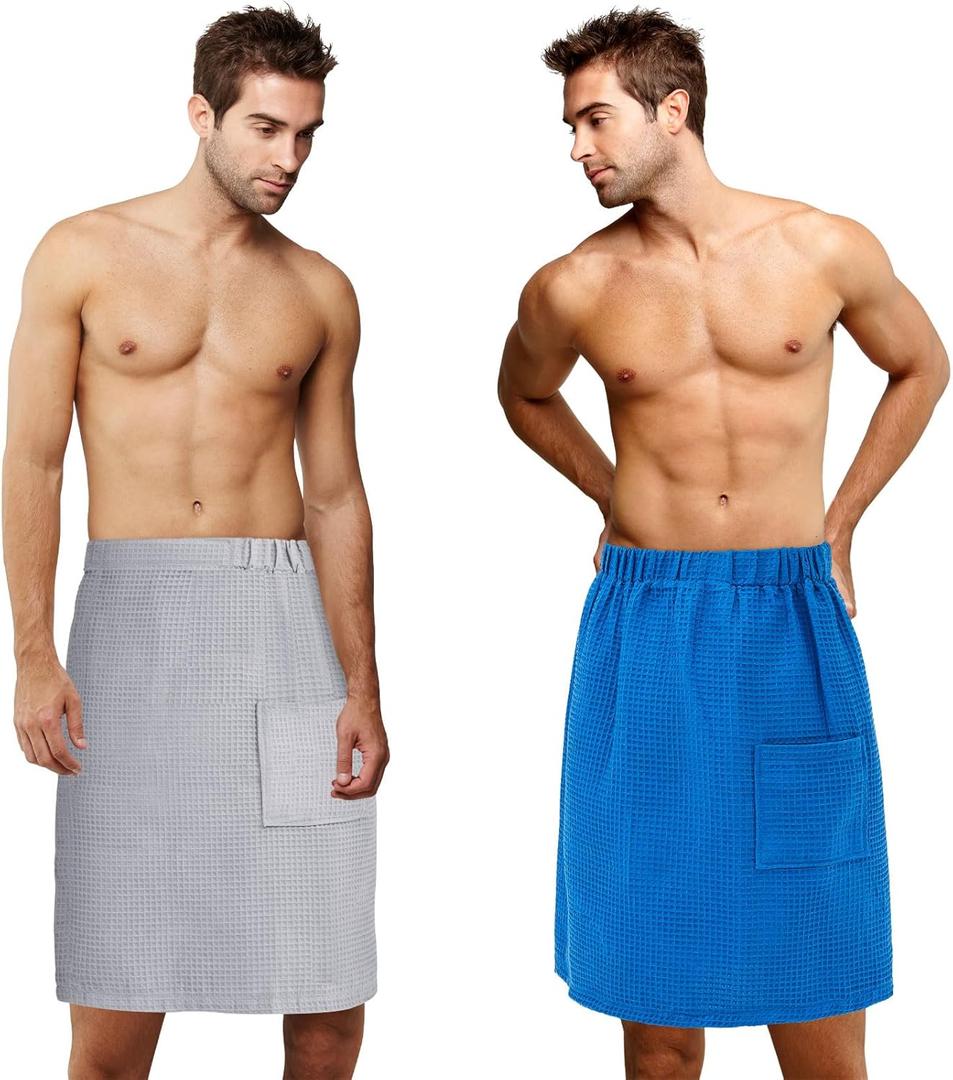 Newwiee 2 Pcs Men's Bath Towel Wrap Shower Sauna Wrap 59 x 24 Inches Waffle Adjustable Microfiber Quick Absorbent Spa Body Towel for Men Dorm Room Gym, Gift for Birthday Christmas(Blue, Gray)