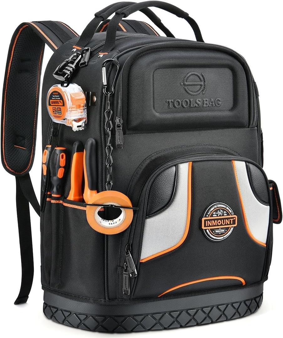 Tool Backpack Bag, HVAC Heavy Duty Construction Tools Backpack for Men, Professional Level Durable Tool Organizer, with Molded Base & Combination Lock, for Electricians & Home Repair