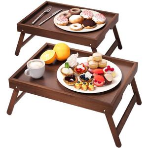Fibogollo 2 Pack Bamboo Bed Tray Table with Folding Legs,Breakfast Trays,Serving Tray for Food and Snack,Laptop Trays for Working(Brown)