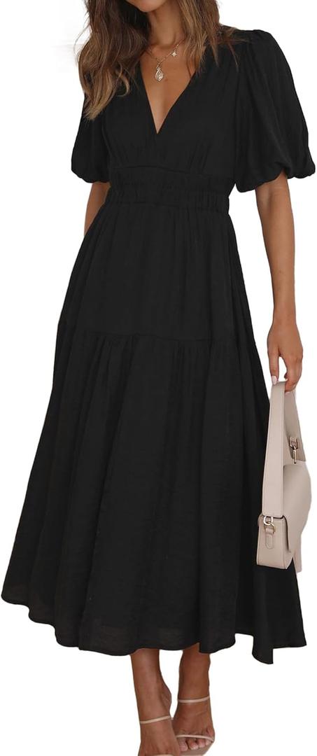 MessBebe Maxi Dress Puffy Sleeve V Neck High Waist A-Line Flowy Wrap Sun Wedding Guest Long Dresses for Women