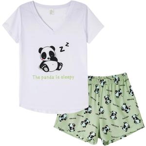 VENTELAN Pajama Set For Women Cute PJS Summer Short Sleeve Shorts Sleepwear (X-Large, Sleepy Panda)