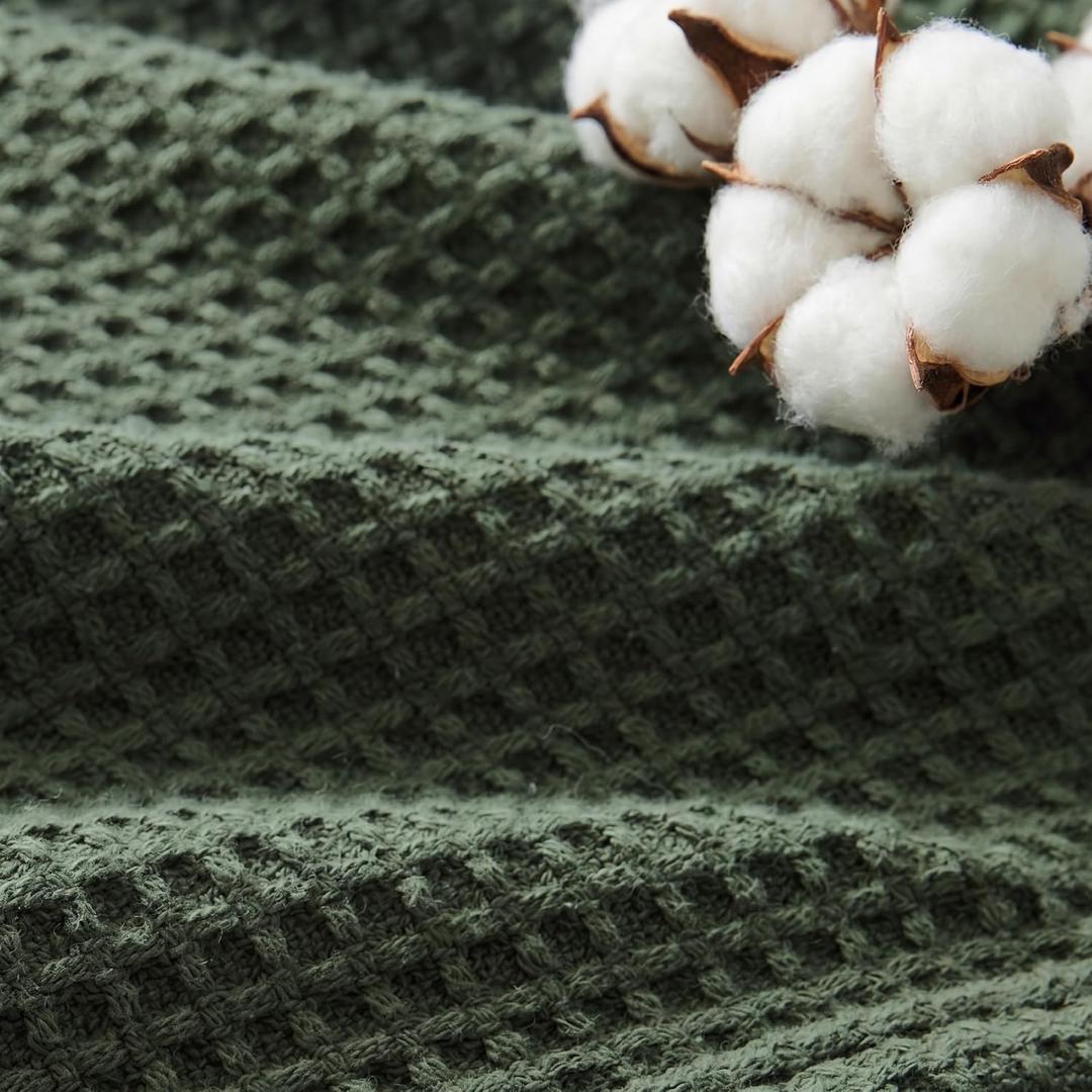 Bedsure GentleSoft 100% Cotton Blanket Queen Size for Summer - Breathable Lightweight and Soft, Basket Waffle Weave Woven Aesthetic Blankets for Women Gift, Home Decor, Olive Green, 90x90 inches