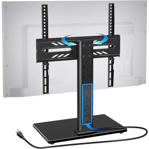 Greenstell TV Stand with Power Outlet, Universal TV Mount Stand for 27-65 inch TVs, Height Adjustable, Swivel Table Top TV Stand with Tempered Glass Base, Holds up to 88 LBs, Max VESA 400x400mm