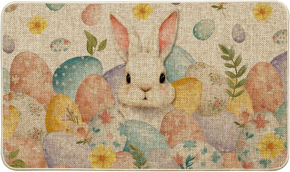 Artoid Mode Rabbit Bunny Eggs Leaves Flowers Easter Doormat, Home Decor Low-Profile Switch Rug Door Mat Floor Mat for Indoor Outdoor 17x29 Inch