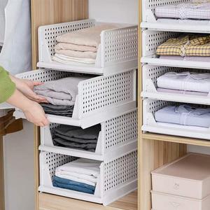 Phyllia Pack of 4 Closet Organizers Stackable Storage Bins, Plastic Collapsible Drawer Basket for Kitchen Cabinets, Pantry, Offices, Bedrooms, Bathrooms, White