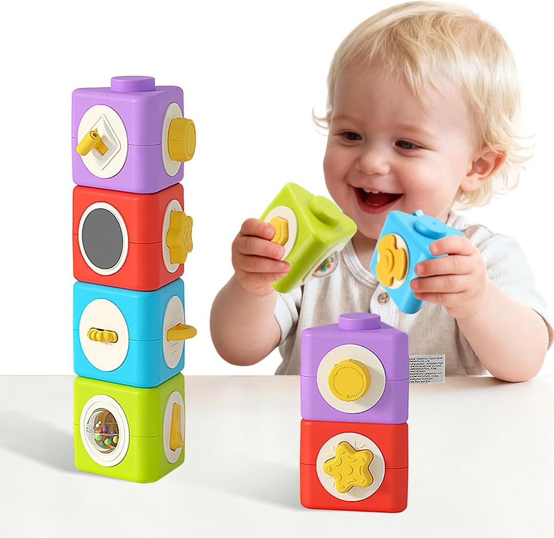 Montessori Activity Cube & Busy Board for 1 Year Old - 12-in-1 Travel Toys for Airplane & Car, Educational Activity Stacking & Sensory Toys for Toddlers 1-2, Easter Basket Stuffers for Toddler