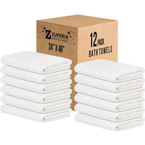 ZUPERIA White Bath Towels Bulk 12 Pack (24 x 48 Inches) - 100% Cotton Economy Light Weight Towels for Commercial Use - Quick Dry, Ultra-Soft, and Absorbent Bulk Towels