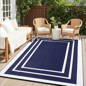 OLANLY Outdoor Rug 8x10 ft Waterproof, Reversible Outdoor Plastic Straw Rug, RV Mat, Indoor Outdoor Carpet Clearance for Patio, Camping, Balcony, Deck, Backyard, Navy & White
