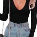 SAUNGKUAI Women's Plunge Deep V Neck Long Sleeve Bodysuit Double Lined Thong Body Suit Shirt Tops (Medium)