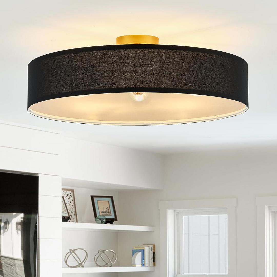 VILUXY Black and Gold Semi Flush Mount Ceiling Light Fixture, 24 Large Modern Ceiling Light with Linen Fabric Shade 5-Light Drum Ceiling Lamp for Bedroom Living Dining Room Enteyway
