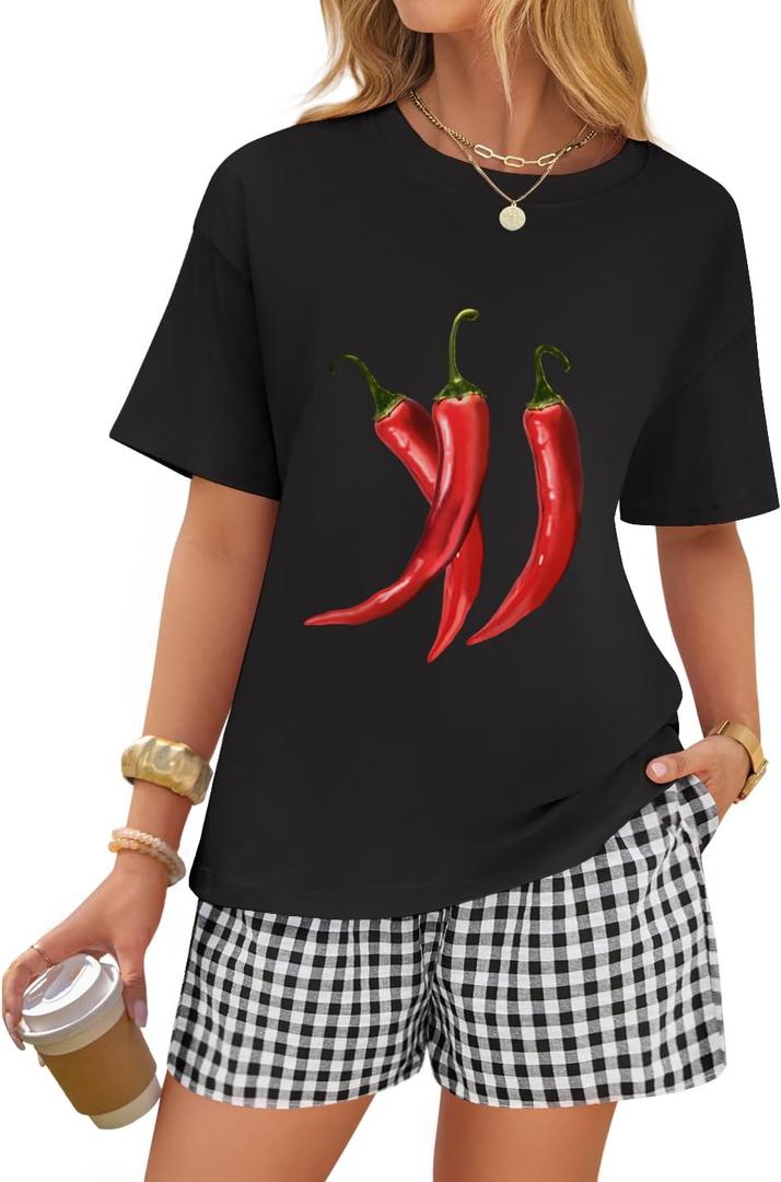 ZESICA Women's 2025 Summer 2 Piece Lounge Set Short Sleeve Graphic Print Tops and Shorts Outfits with Pockets (Black, S)