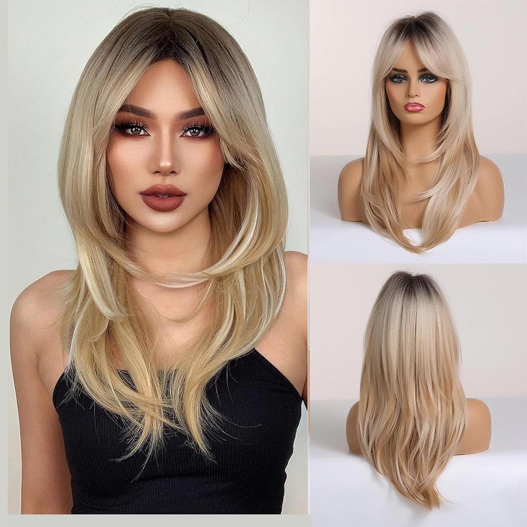 Women Long Ombre Blonde Wigs with Bangs 24 Inch Charming Curly Wavy Wigs Natural Looking Synthetic Layered Wig for Daily Party Use