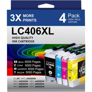 LC406 LC406XL Ink Cartridges for Brother Printer 406XL LC406 XL for MFC-J4335DW MFC-J5855DW MFC-J6555DW MFC-J4535DW MFC-J6955DW MFC-J4345DW MFC-J5955DW (4 Pack, Black Cyan Magenta Yellow)