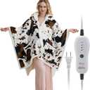 Heated Electric Blanket Shawl Cow Print Wearable Heated Blanket with Hood & Pocket, Winter Gifts for Adults, Soft Heating Blanket Throw with 4 Heat Levels & Auto Shut-Off, Cow Print, 50" x 64"