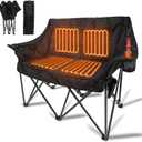 Double Heated Camping Chair, Fully Padded Loveseat Camping Chair w/ 1x Cup Holder, 1x Ice Bag, 2 Person Camping Couch Heated for Outdoor, Sports, Patio, Supports 600lbs, Black, No Power Bank