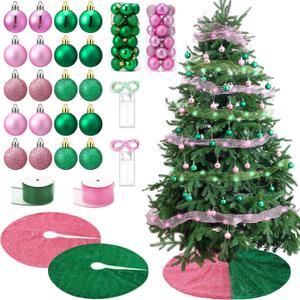 Civaner 54 Pcs Witch Christmas Tree Decoration Pink and Green Christmas Ornaments 2 Xmas Tree Skirt Stand 48 Ball Ornament 2 Light String 2 Ribbon Xmas Decor for Decorative Holiday Party Supplies