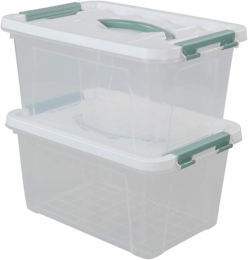 Gloreen 6 Quart Clear Storage Bins with Lid and Green Handle, Multipurpose Stackable Plastic Storage Latches Box/Containers, Set of 2