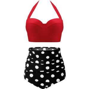 CHERRY CAT Womens Vintage Retro Polka High Waisted Underwire Bikini Two Piece Swimsuits (XX-Large, Red)
