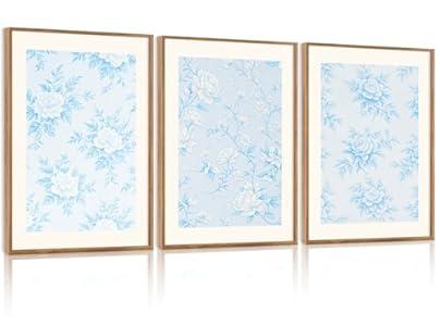HPNIUB Large Classic Chinoiserie Floral Framed Canvas Wall Art Set, Watercolor Blue and White Flower Rose Wall Decor, Blue Minimalist Wildflower Art Print for Living Room, Bedroom, Office-16 x24 x3