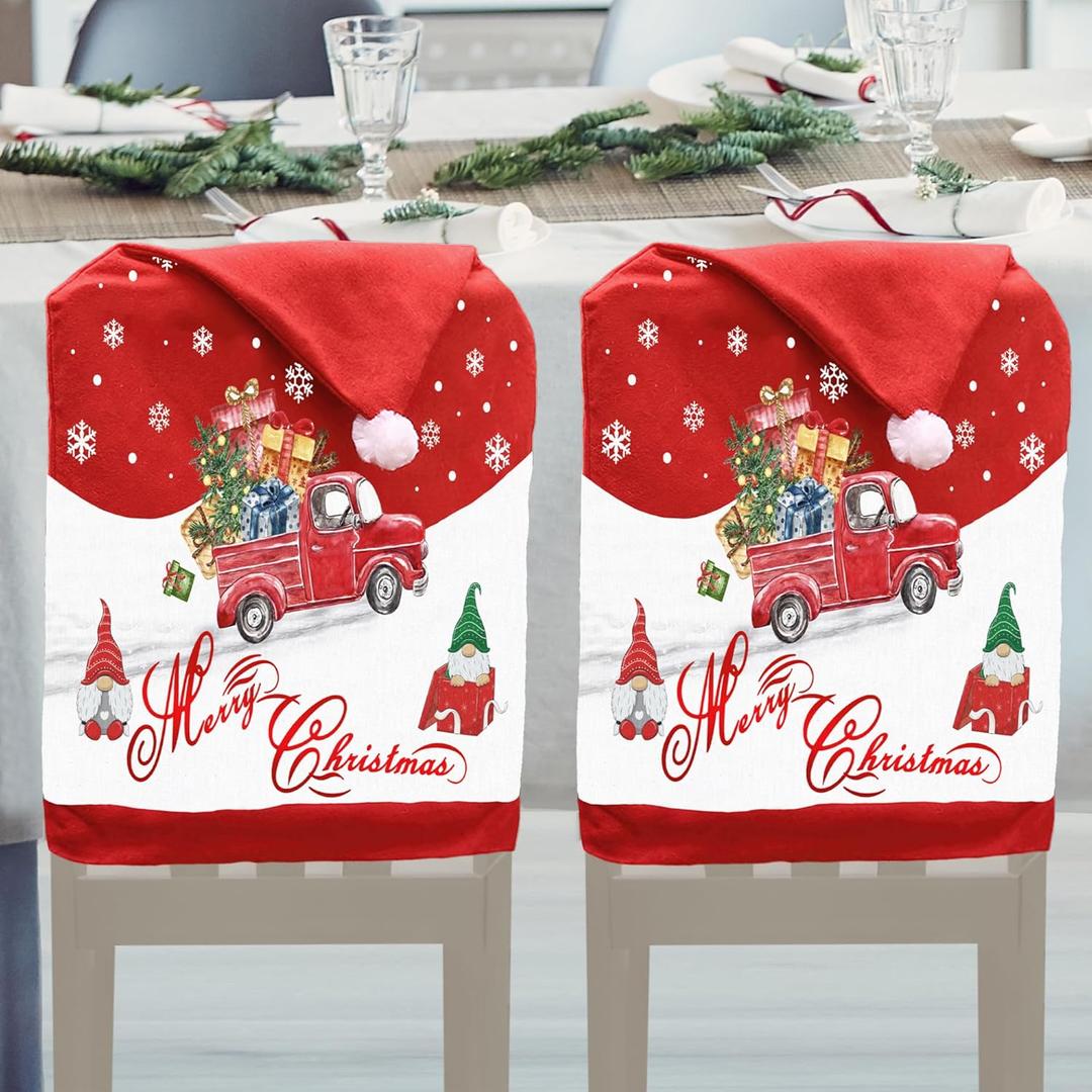 Christmas Chair Covers Set of 4, Christmas Chair Back Covers, Santa Hat Chair Covers, Christmas Decorations Indoor Chair Covers for Dining Room, Christmas Kitchen Decor Dining Room Chair Covers (One Size)