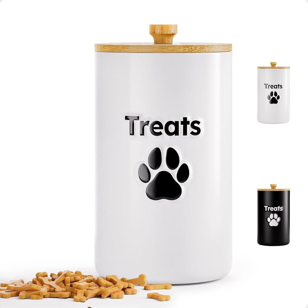 Dog Treat Container Airtight - 5 Inch Wide x 9 Inch Tall Ceramic Dog Treat Jar for Kitchen Counter with Airtight Bamboo Lid - 7 Cup Capacity Pet Treat Container - Doggie Cookie Jar - Treats Canister (White)