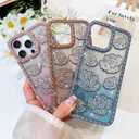 BITOBE Designed for iPhone 16 Pro Max, Cute 3D Rose Flowers Case Slim Plating Glitter Bling Luxury Rhinestones Floral Cover for Women Girls Protective Camera Protection 6.9" Blue