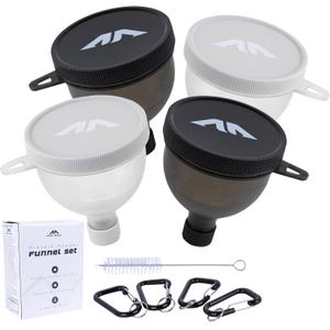 Protein Powder Funnel Set - Sleek Water Bottle Funnel for Powder Supplement with Cleaning Brush & Carabiners - No-Mess, Portable Protein Powder Container to Go for Workout, Fitness, Travel - 4 Pack