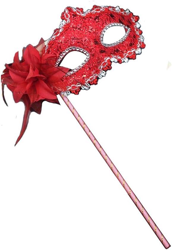 AZYOUNG Women's Masquerade Masks Side Feather Flower Petal Hand Held Lace Mask with Stick (Red)
