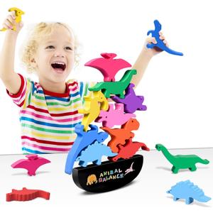 FFTROC Montessori Dinosaur Toys for 2 3 4 Year Old Boys - Wooden Stacking Dinosaur Toys for Kids 2-4 3-5, Toddler Balancing Block Sets (Multiple Colour 2)