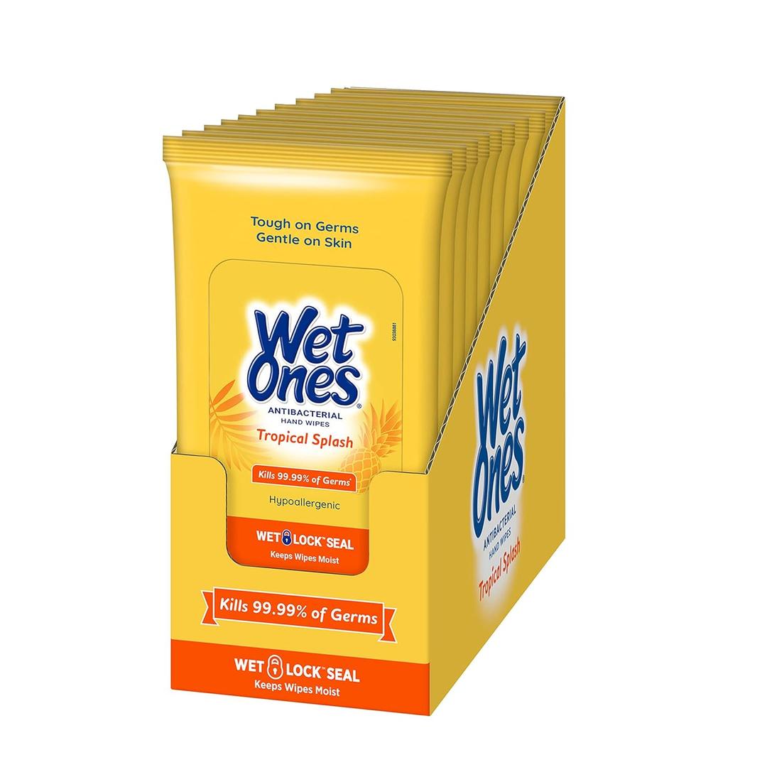 Wet Ones Antibacterial Hand Wipe, Travel Packs- Tropical Splash Scent, 20 Count (Pack of 10), 200 Wipes