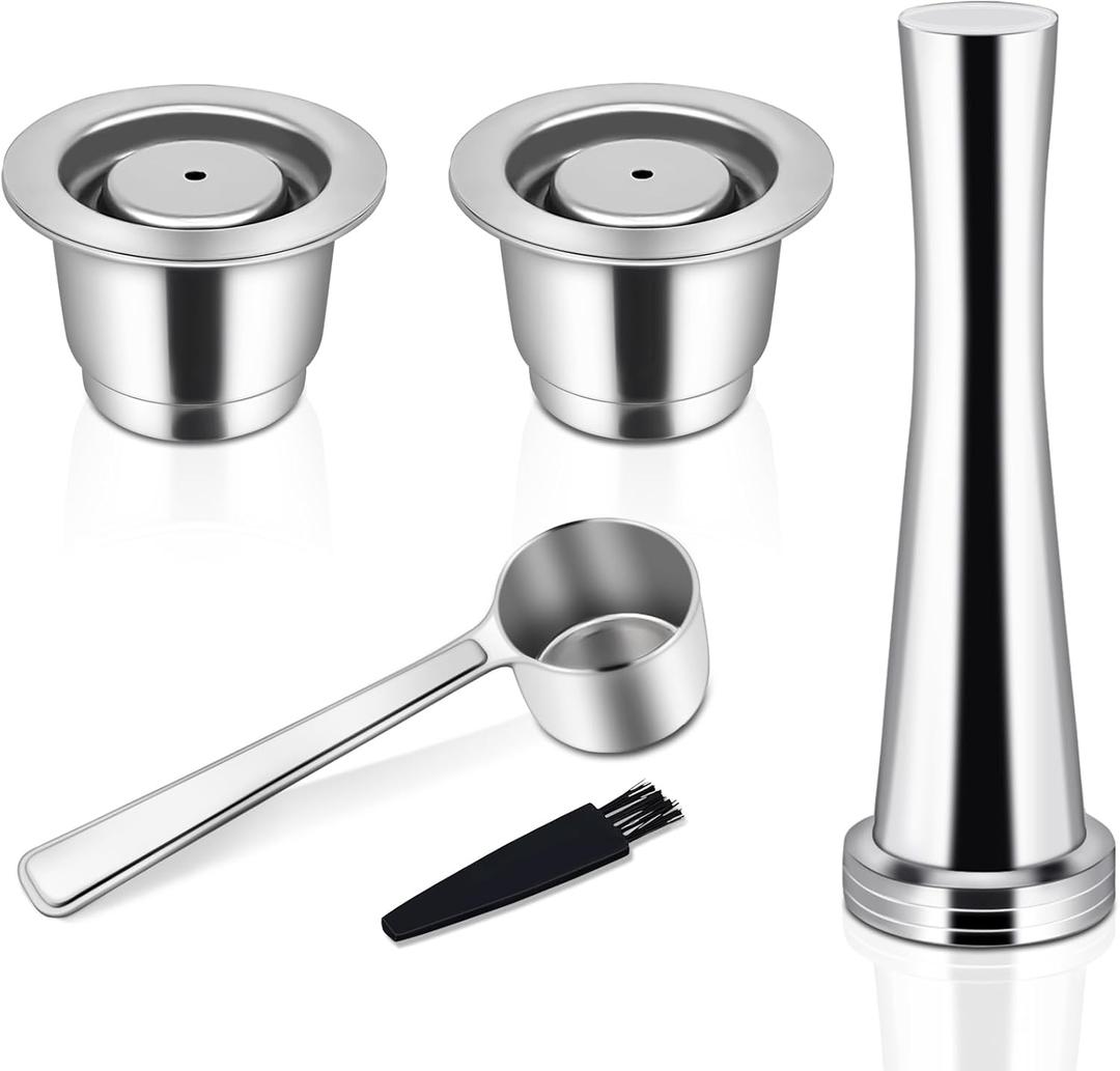 Reusable Coffee Capsules for Nespresso Originales, Stainless Steel Refillable Coffee Pods, 2pcs Reutilisable Refillable Espresso Capsule(2 Cup+ Tamper+ Stainless Steel Spoon)