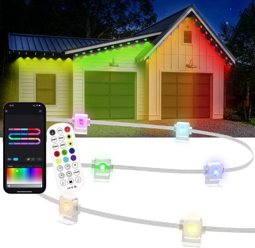 50ft Permanent Outdoor Light, Smart RGB Plus IC Outside Lights for House, App/Remote Control String Light, Compatible with Alexa, IP67 Waterproof LED Strip for Daily Party Christmas All Holiday Decor (50ft Plug-in)