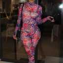 kaimimei Women Floral Print Mesh Bodycon Jumpsuit See Through Backless One Piece Outfits Romper Clubwear (Purple, XL)