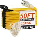 PlugSaf 50 FT 10 Gauge Outdoor Extension Cord with Multiple Outlets Light Indicator, Flexible 3 Outlet Weatherproof Heavy Duty Extension Cord Waterproof Yellow, 15A 1875W 10AWG SJTW, ETL Listed