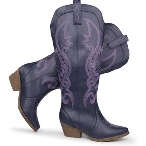 Hawkwell Women's Cowboy Cowgirl Boots Slip On Pointed Toe and Block Heel Shoes with Classic Embroidered Pull On Tall Boot for Ladies Dress Western Knee High Boots, US 10
