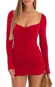 GOBLES Women's Elegant Long Sleeve V Neck Ruched Bodycon Mini Party Cocktail Dress Red Medium