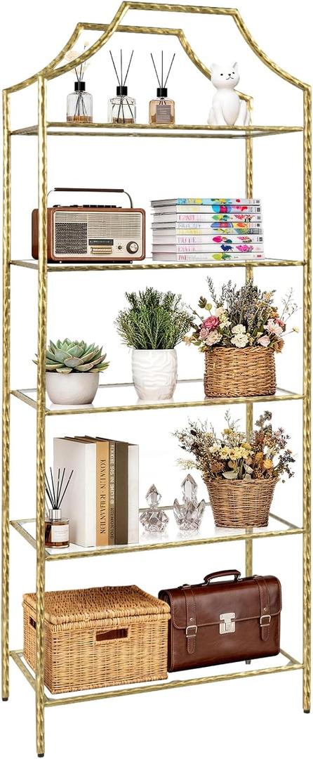 BEGINS 5 Tier Vintage Gold Bookshelf with Glass Shelves, Freestanding Tall Bookcase Display Rack with Hammered Texture Finish for Bedroom, Living Room, Home Office, Study, Entryway, Home Decor