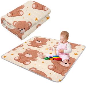 Funtery 43 x 43 Inch Boho Baby Play Mat Portable Crawling Washable Foldable Tummy Time Non Slip Baby Floor Large Playpen Mat for Infants Toddlers Floor Playpen Activity(Bear)