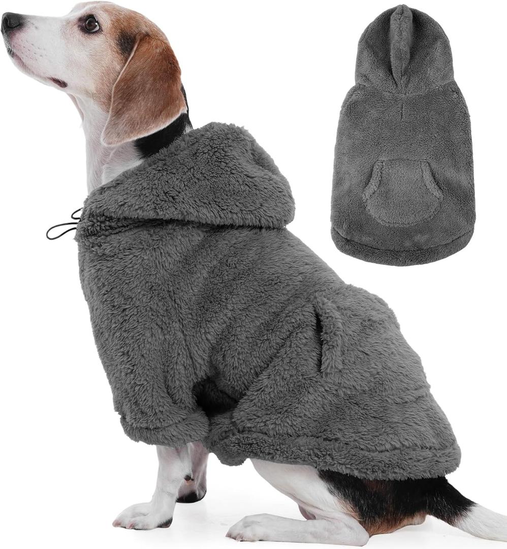 IDOMIK Fuzzy Dog Sweater with Adjustable Hood, Warm Fleece Dog Sweater Hoodie with Harness Hole & Pocket, Pullover Sweaters for Large Dogs, Fuzzy Hooded Sweatshirt for Fall Winter Christmas, Grey, XL
