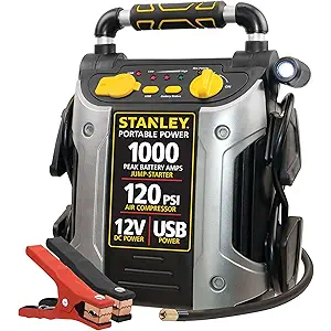 STANLEY J5C09 Portable Power Station Jump Starter 1000 Peak Amp Battery Booster, 120 PSI Air Compressor, USB Port, Battery Clamps