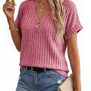Linpacious Womens Henley Tunic Tops, Relaxed Fit Short Sleeve V Neck Ribbed Knit T Shirts, Flowy Spring Summer Blouse for Leggings, Burgundy X-Large