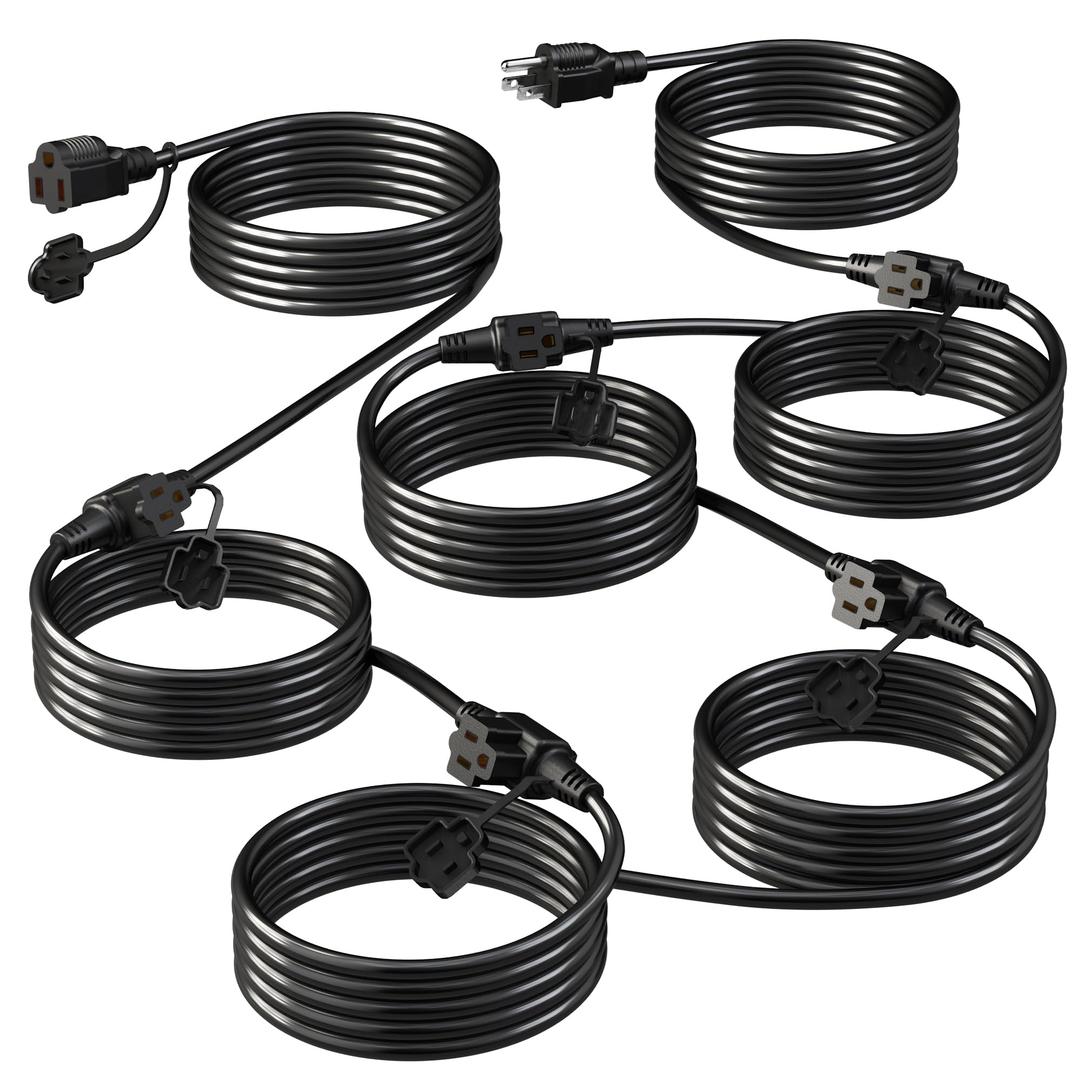 Eversimpleinc Black Outdoor Extension Cord with Multiple Outlets, (50FT 6 Outlets) Evenly Spaced with Weatherproof Cover, Ideal for Christmas Decoration Patio, 16AWG/3C SJTW, ETL Listed