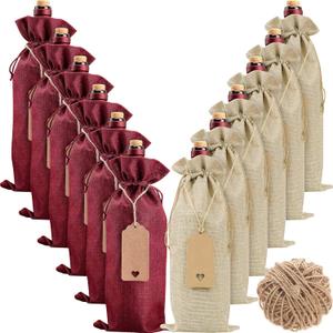 Burlap Bags Christmas Gift Bags , 12 Pcs Bottle Covers with Drawstrings, Tags & Ropes, Reusable & Ideal for Christmas, Holiday Party, Wedding, Birthday, Travel, Housewarming, Home Storage (Burlap & Burgundy Red)