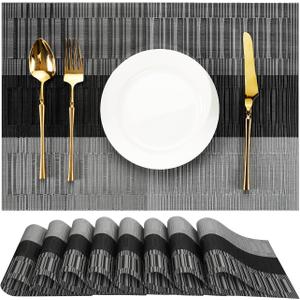 Placemats Set of 8, Vinyl Woven Place Mats Indoor Set of 8 Washable Wipeable PVC Table Mats Heat-Resistant Non Slip Plastic Placemat for Kitchen Dining Outdoor Table (Gray Black, Set of 8)