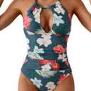 B2prity Women's Slimming One Piece Swimsuits Tummy Control Bathing Suit Halter Swimwear for Big Busted Curvy Woman (X-Large, Teal Printed)