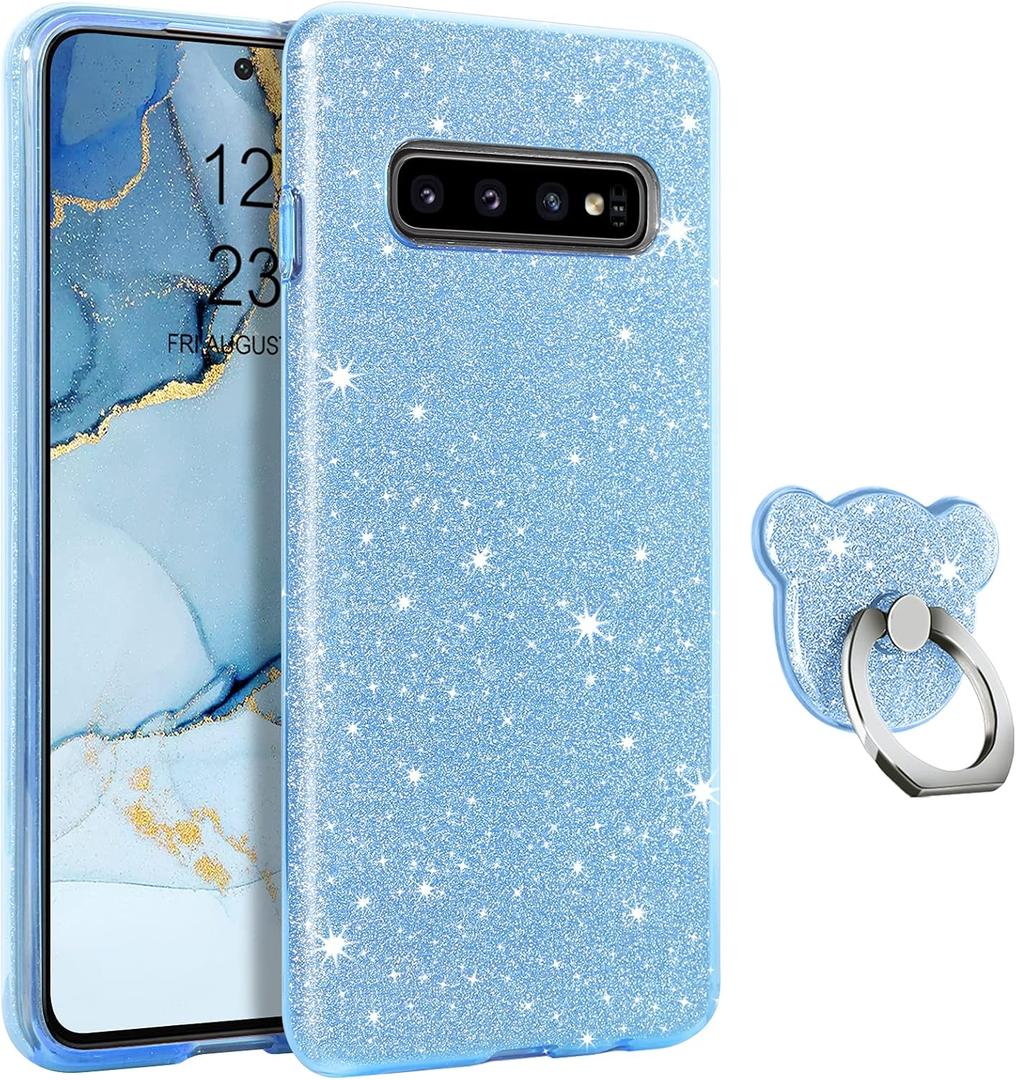 GUAGUA Compatible with Samsung Galaxy S10 Case 6.1 Inch Glitter Sparkle Bling Shiny Cute Cover for Women Girls with Extra Finger Ring Holder Kickstand Slim Protective Cases for Galaxy S10 Blue