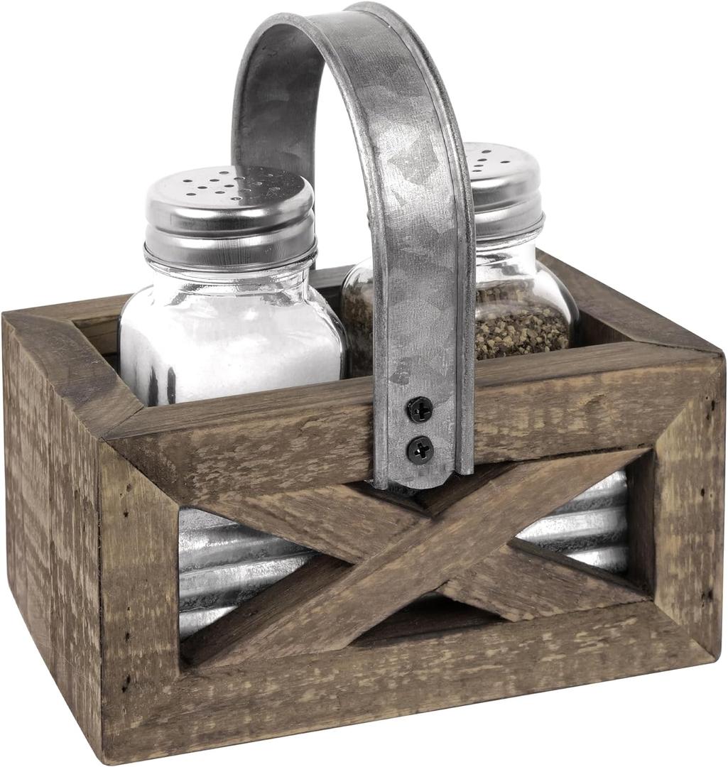 Autumn Alley Barn Door Rustic Salt and Pepper Shakers Set in Wood and Galvanized Caddy, Farmhouse Salt and Pepper Shakers For Rustic Kitchen Decor, Rustic Kitchen Accessories for your Country Kitchen