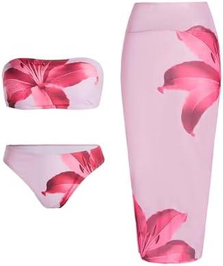 Verdusa Women's 3 Piece Floral Strapless Bikini Set Bandeau Swimsuit with Cover Up Skirt Size L